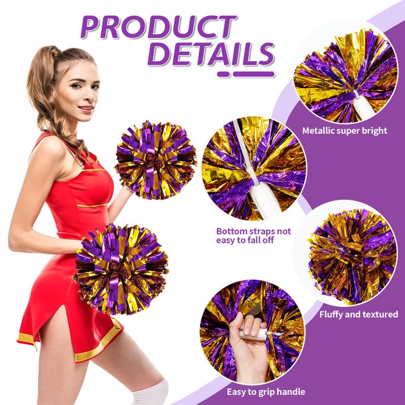 CREATIEE-PRO 4Pcs Metallic Cheerleading Pom Poms, Creatiee 2 Pair Cheerleader Cheering Squad Pompoms for School Sports Dance Games Team Spirit Cheer (Purple-Gold) - Image 2